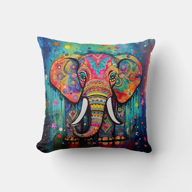 Cute Elephant Colourful Funky Mixed Media Animal T Cushion (Front)