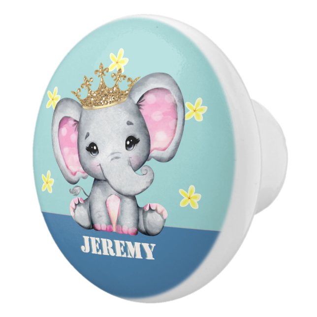 Cute Elephant crown nursery style blue custom text Ceramic Knob (Right)
