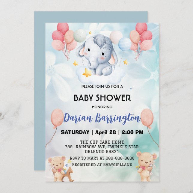 Cute elephant cub Bear baby shower kids boys Invitation (Front/Back)