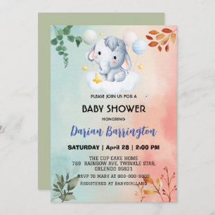 Cute elephant cub flowers baby shower kids boys invitation