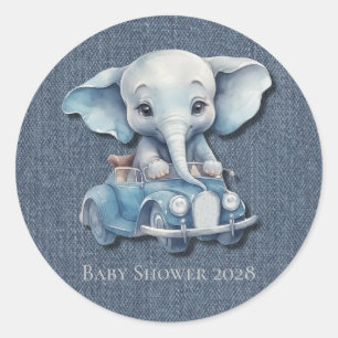 Cute Elephant Denim Vintage Car Boy Baby Shower Classic Round Sticker