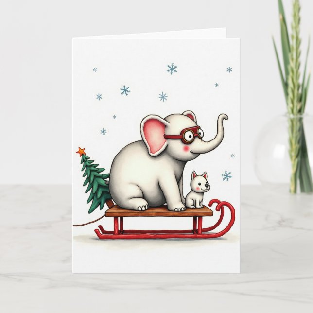 Cute Elephant Dog Sled Christmas Card Whimsical Il (Front)