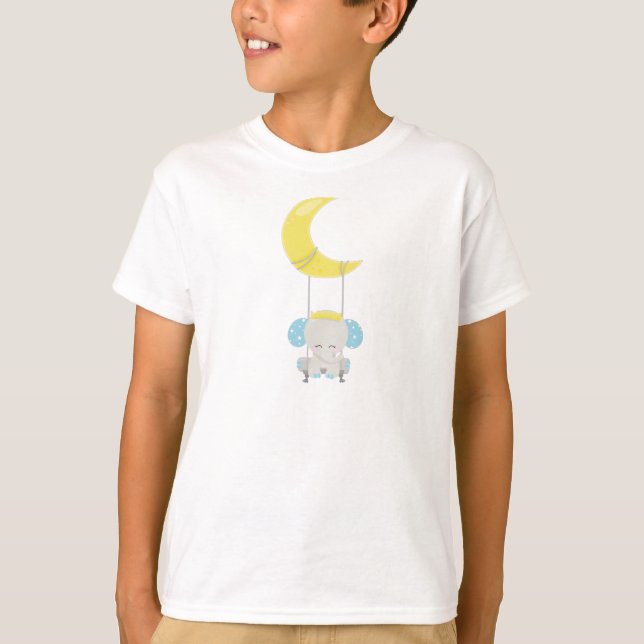 Cute Elephant, Elephant On A Swing, Crown, Moon T-Shirt (Front)