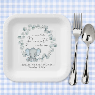 Cute Elephant Eucalyptus Baby Boy Shower Paper Plate