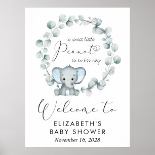 Cute Elephant Eucalyptus Baby Boy Shower Welcome Poster