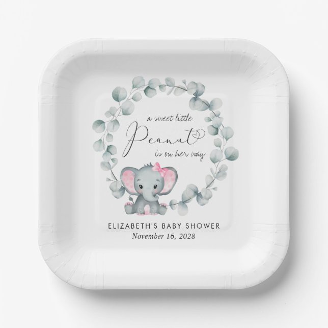Cute Elephant Eucalyptus Baby Girl Shower Paper Plate (Front)