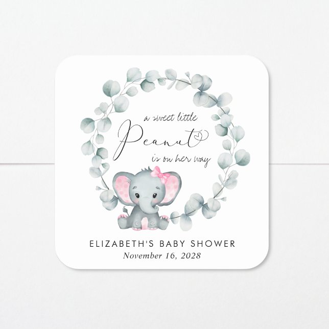 Cute Elephant Eucalyptus Baby Girl Shower Square Sticker (Creator Uploaded)