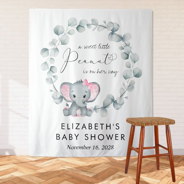 Cute Elephant Eucalyptus Baby Girl Shower Welcome Tapestry (Creator Uploaded)