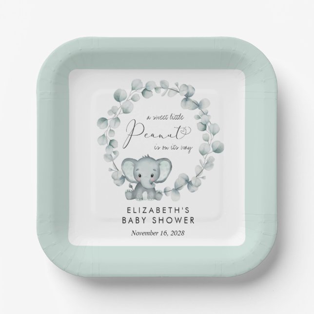 Cute Elephant Eucalyptus Baby Shower Paper Plate (Front)