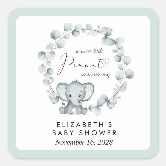 Cute Elephant Eucalyptus Baby Shower Square Sticker (Front)