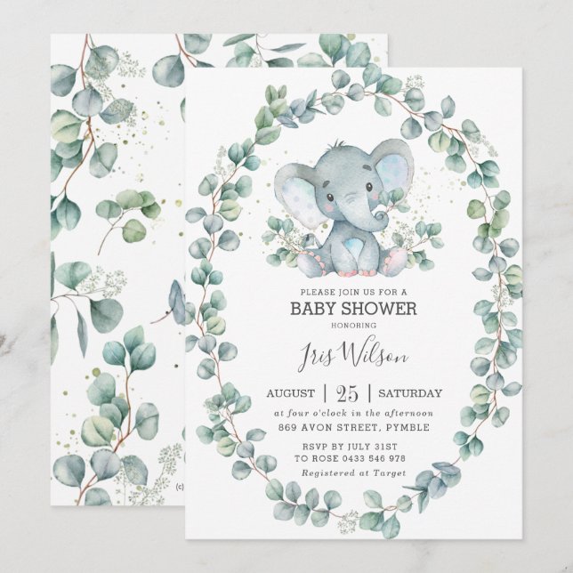 Cute Elephant Eucalyptus Greenery Baby Shower Boy Invitation (Front/Back)