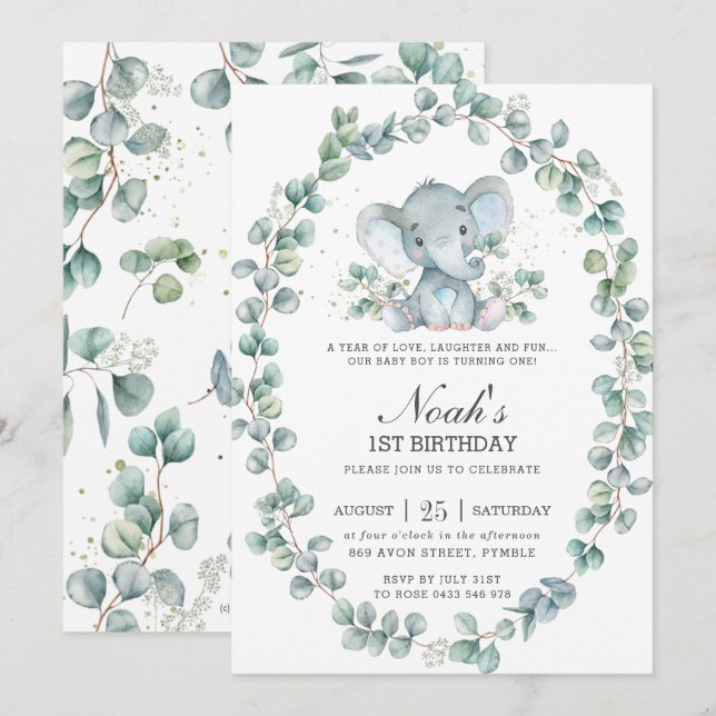 Cute Elephant Eucalyptus Greenery Birthday Boy Invitation (Front/Back)