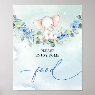 Cute elephant eucalyptus wreath blue flowers food poster