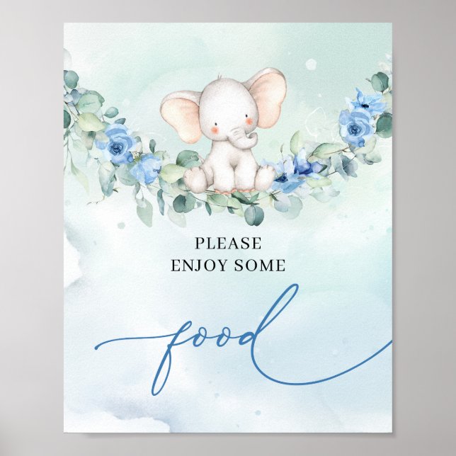 Cute elephant eucalyptus wreath blue flowers food poster (Front)