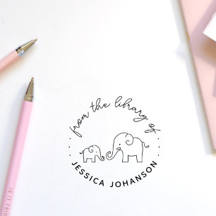 Cute Elephant Family From The LIbrary Of Book Rubber Stamp