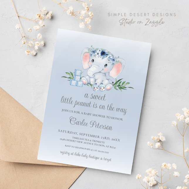 Cute Elephant Floral Baby Boy Baby Shower Invitation (Blue Floral Elephant Baby Boy Baby Shower Invitation)