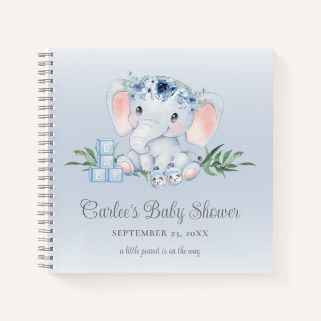 Cute Elephant Floral Baby Boy Baby Shower Notebook (Front)