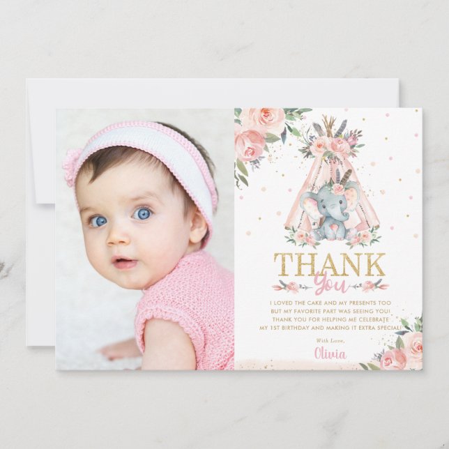 Cute Elephant Floral Boho Tribal Birthday Photo Thank You Card (Front)