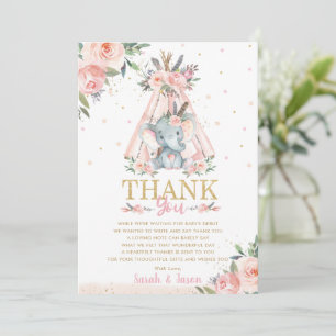 Cute Elephant Floral Boho Tribal Girl Baby Shower  Thank You Card