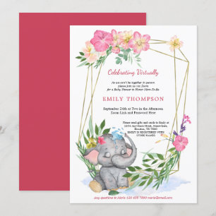 Cute Elephant Floral Geometric Virtual Baby Shower Invitation