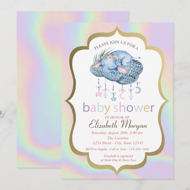 Cute Elephant,Floral,Holographic Baby Shower Invitation (Front/Back)