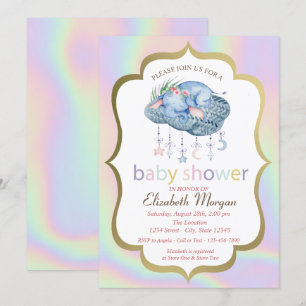 Cute Elephant,Floral,Holographic Baby Shower Invitation