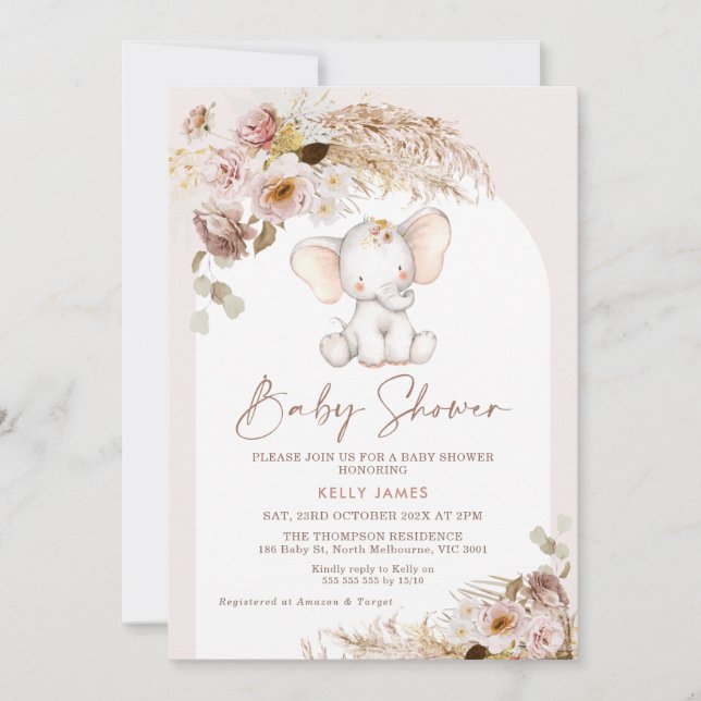 Cute Elephant Floral Pampas Boho Arch Baby Shower Invitation (Front)