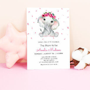 Cute Elephant Floral Watercolor Baby Girl shower Invitation