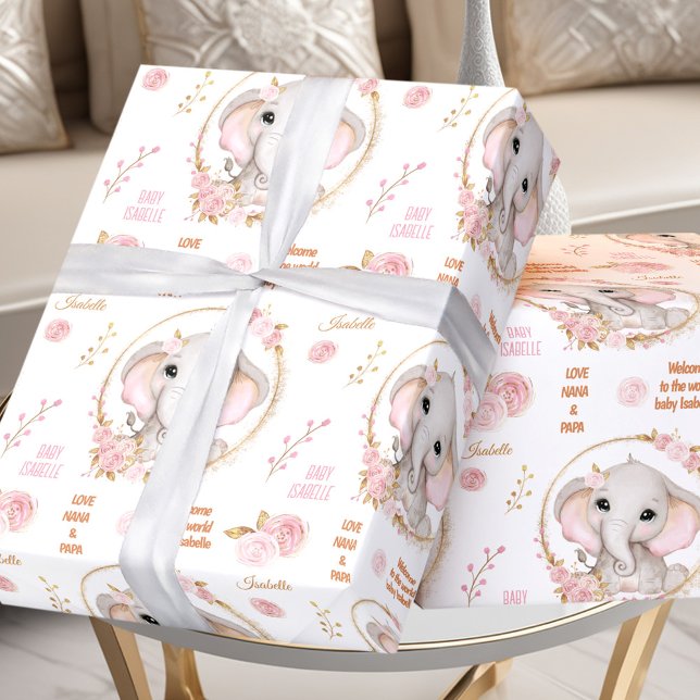 Cute Elephant Floral White Pink Girl Name Text Wrapping Paper (Cute Elephant Floral White Pink Girl Name Text Wrapping Paper)