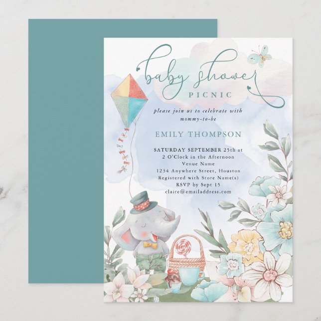 Cute Elephant Florals Baby Shower Picnic Boy Invitation (Front/Back)