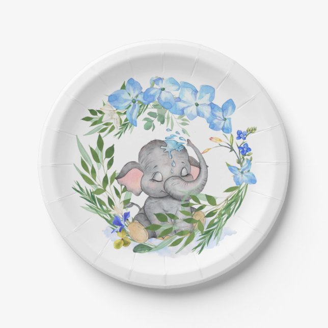 Cute Elephant Florals Foliage Blue Baby Shower Paper Plate (Front)