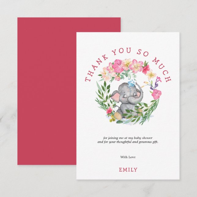 Cute Elephant Florals Foliage Pink Baby Shower Thank You Card (Front/Back)