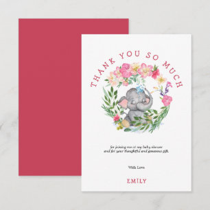 Cute Elephant Florals Foliage Pink Baby Shower Thank You Card