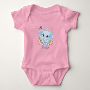 Cute Elephant Flowers and Butterflies Personalised Baby Bodysuit