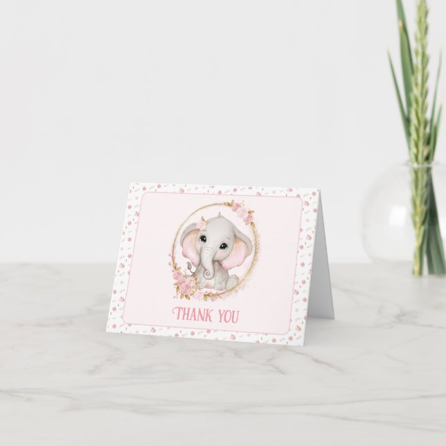 Cute Elephant Flowers Baby Shower Thank You Card (Front)