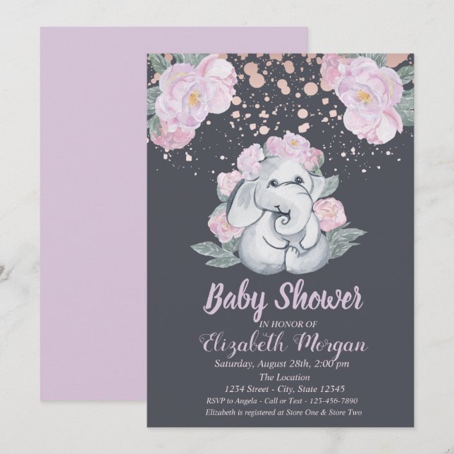 Cute Elephant,Flowers Light Purple Baby Shower Invitation (Front/Back)