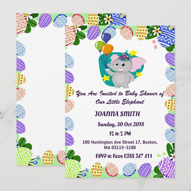 Cute Elephant Flying Balloons Baby Shower Invitation (Front/Back)