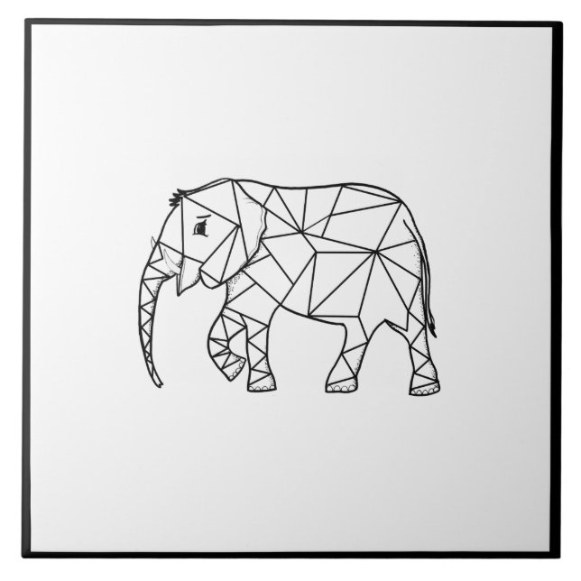 Cute Elephant Geometric Black and White Tile (Front)