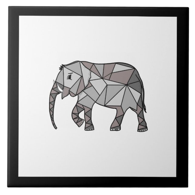 Cute Elephant Geometric Black and White Tile (Front)