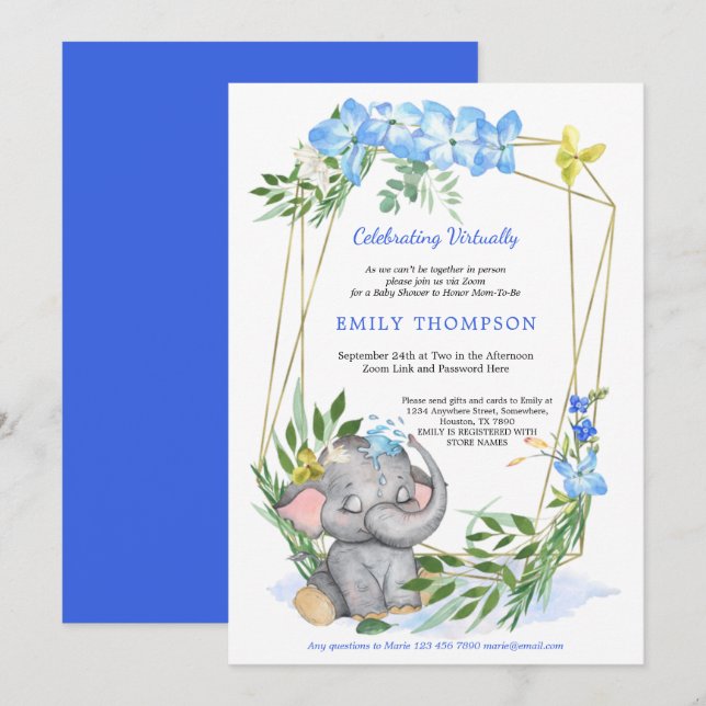 Cute Elephant Geometric Blue Virtual Baby Shower Invitation (Front/Back)
