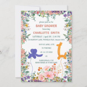 Cute elephant giraffe balloon floral baby shower invitation