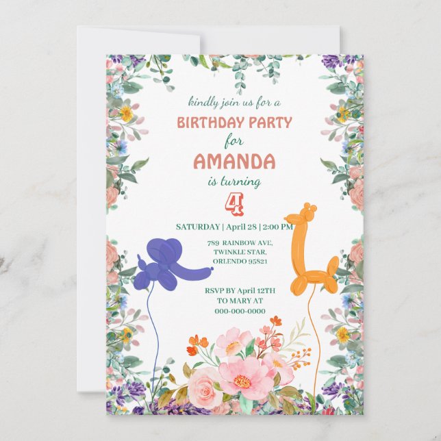 Cute elephant giraffe balloon Jungle Birthday Part Invitation (Front)