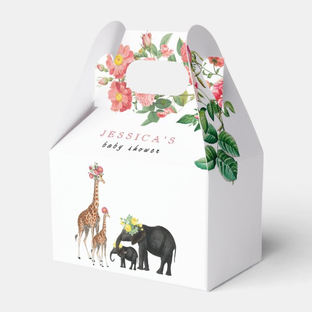 Cute Elephant & Giraffe Floral Baby Shower Girl  Favour Box (Front Side)