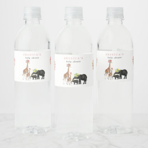 Cute Elephant & Giraffe Floral Baby Shower Girl Water Bottle Label