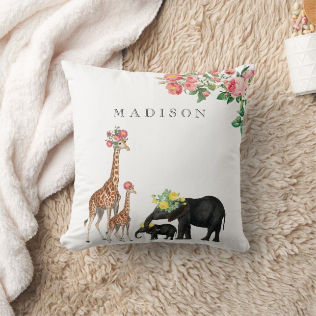 Cute Elephant & Giraffe Floral Custom Baby Name Cushion (Blanket)
