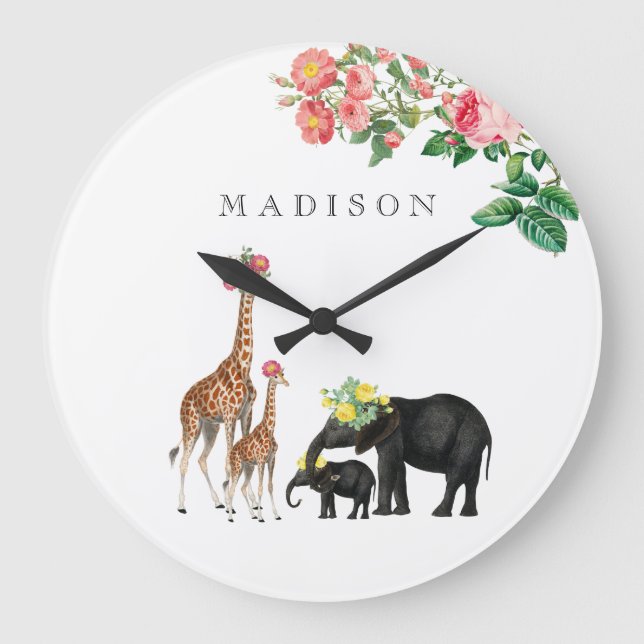 Cute Elephant & Giraffe Floral Custom Baby Name  Large Clock (Front)