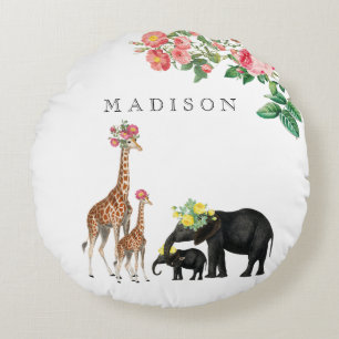 Cute Elephant & Giraffe Floral Custom Baby Name Round Cushion