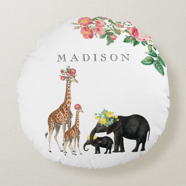 Cute Elephant & Giraffe Floral Custom Baby Name Round Cushion (Front)