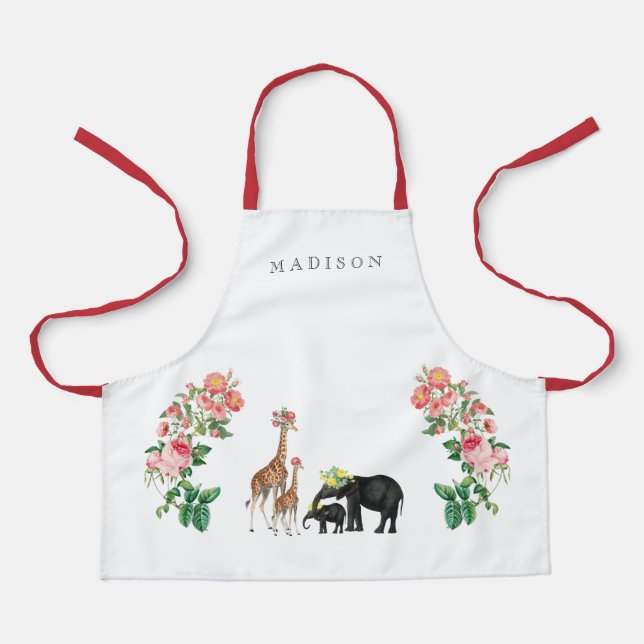 Cute Elephant & Giraffe Floral Custom Name Kids Apron (Front)