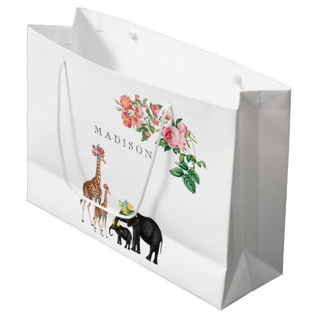 Cute Elephant & Giraffe Floral Custom Name Large Gift Bag (Front Angled)